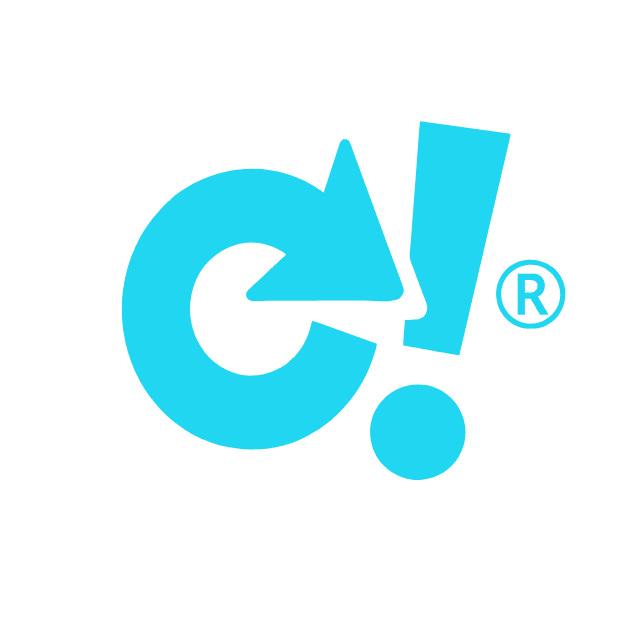 Logotipo azul com setas e exclamação