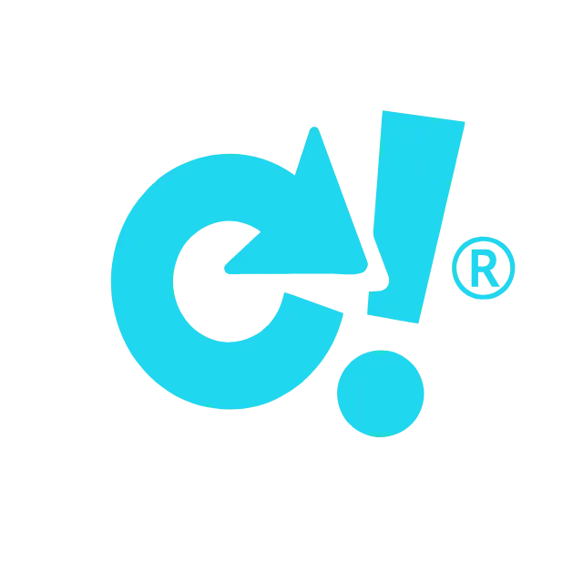 Logotipo azul com setas e exclamação