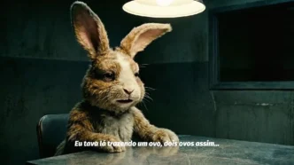 Coelho falante em sala de interrogatório escura