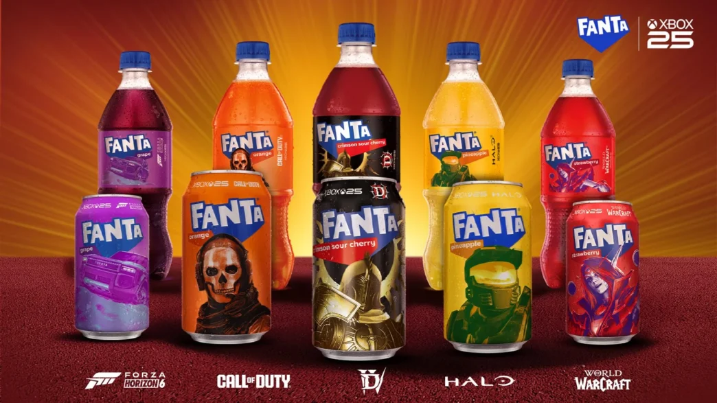 Garrafas e latas de Fanta com temas de jogos