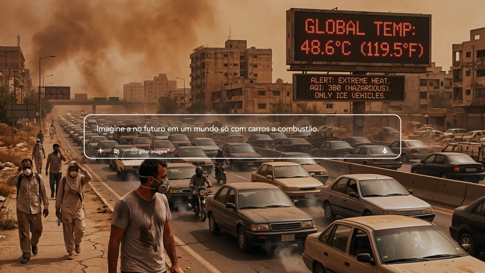 Trânsito intenso sob calor extremo e poluição