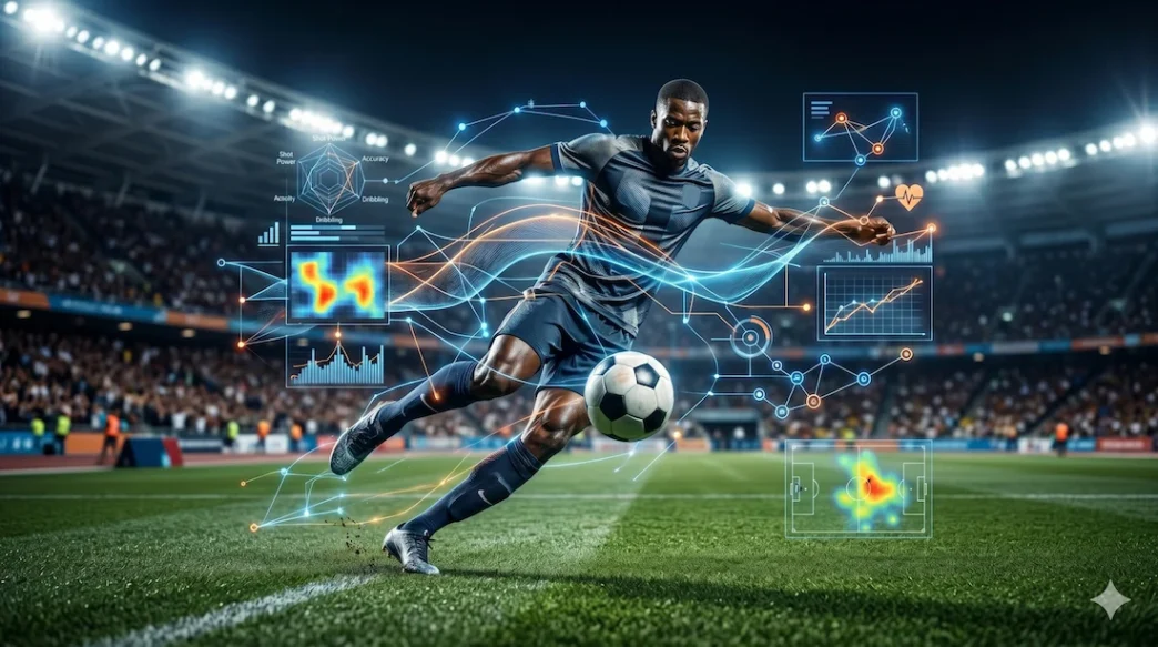 Jogador de futebol com gráficos digitais no estádio