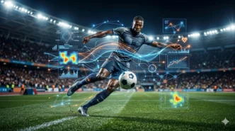 Jogador de futebol com gráficos digitais no estádio