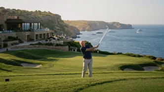 Homem jogando golfe em campo à beira-mar