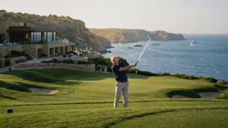 Homem jogando golfe em campo à beira-mar