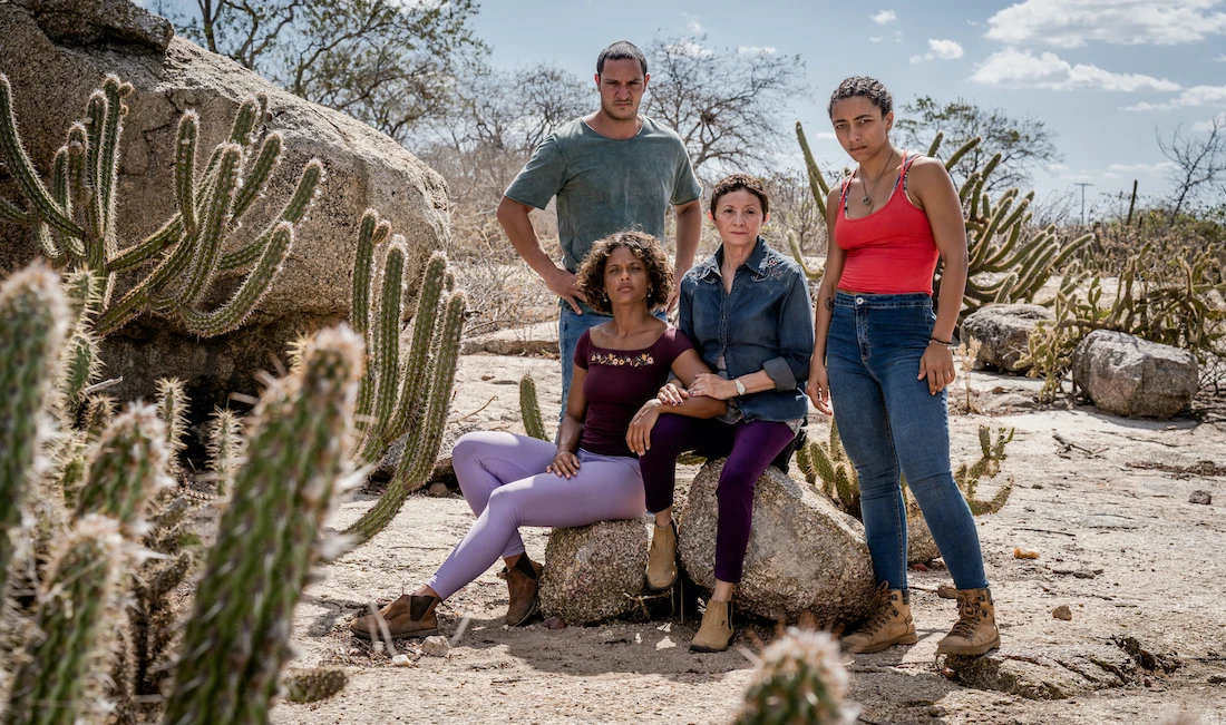 Quatro pessoas em paisagem árida com cactos