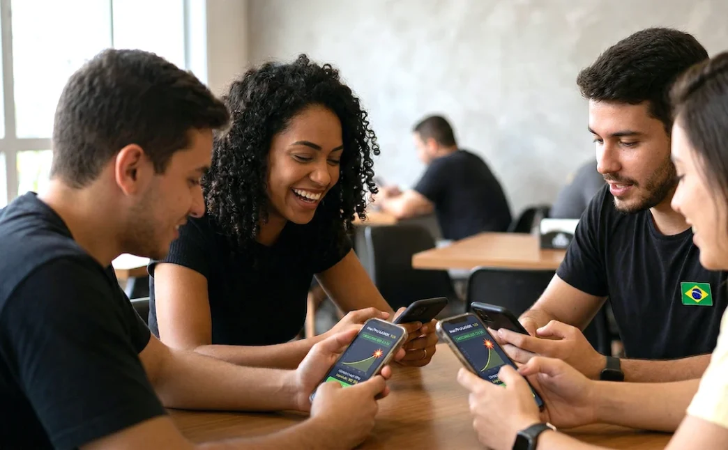 Grupo jovem jogando juntos em smartphones.