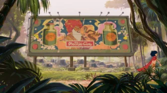 Outdoor em floresta com personagem animada