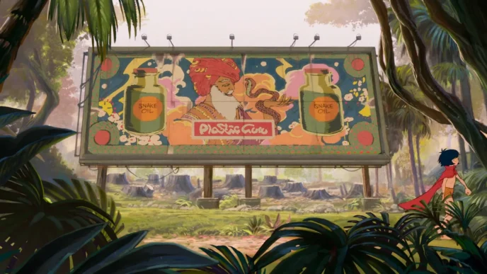 Outdoor em floresta com personagem animada