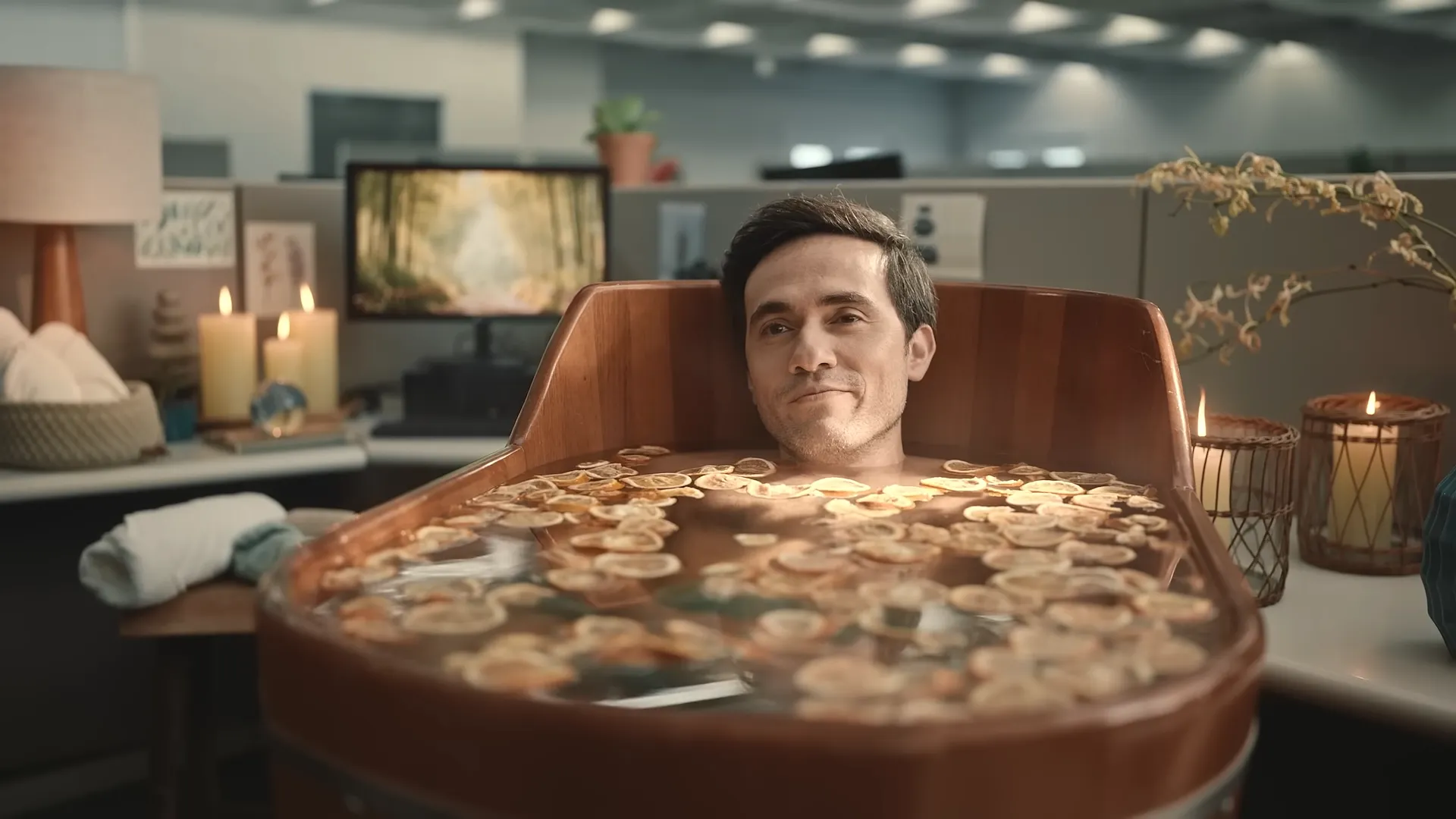 Homem relaxa em ofurô no escritório.