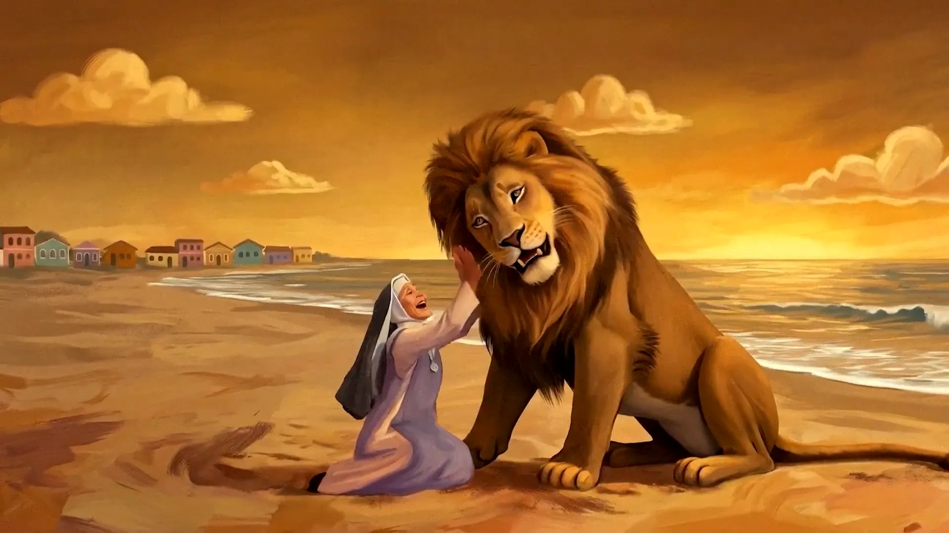 Freira acaricia leão ao pôr do sol