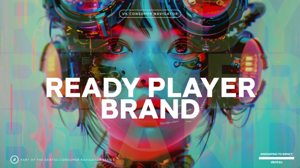 Mulher ciborgue com texto 'Ready Player Brand'.