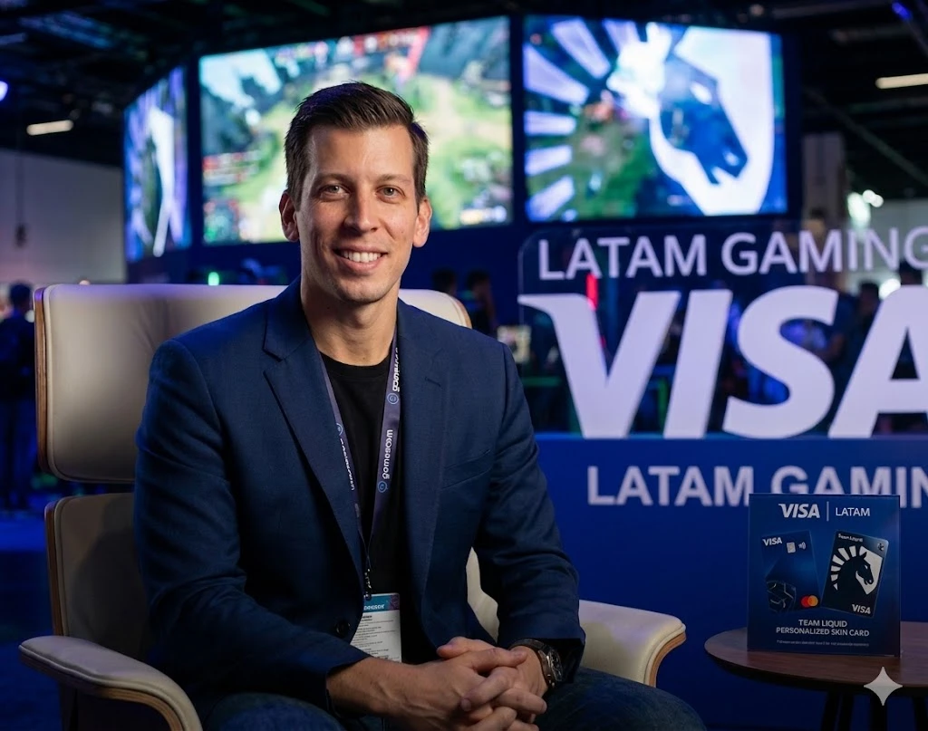 Executivo em estande da Visa em evento gamer
