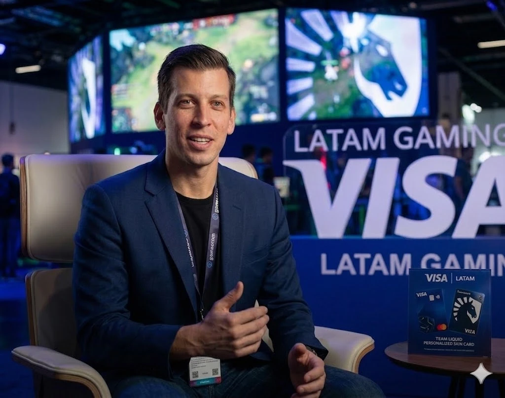 Homem em entrevista em estande da Visa gaming