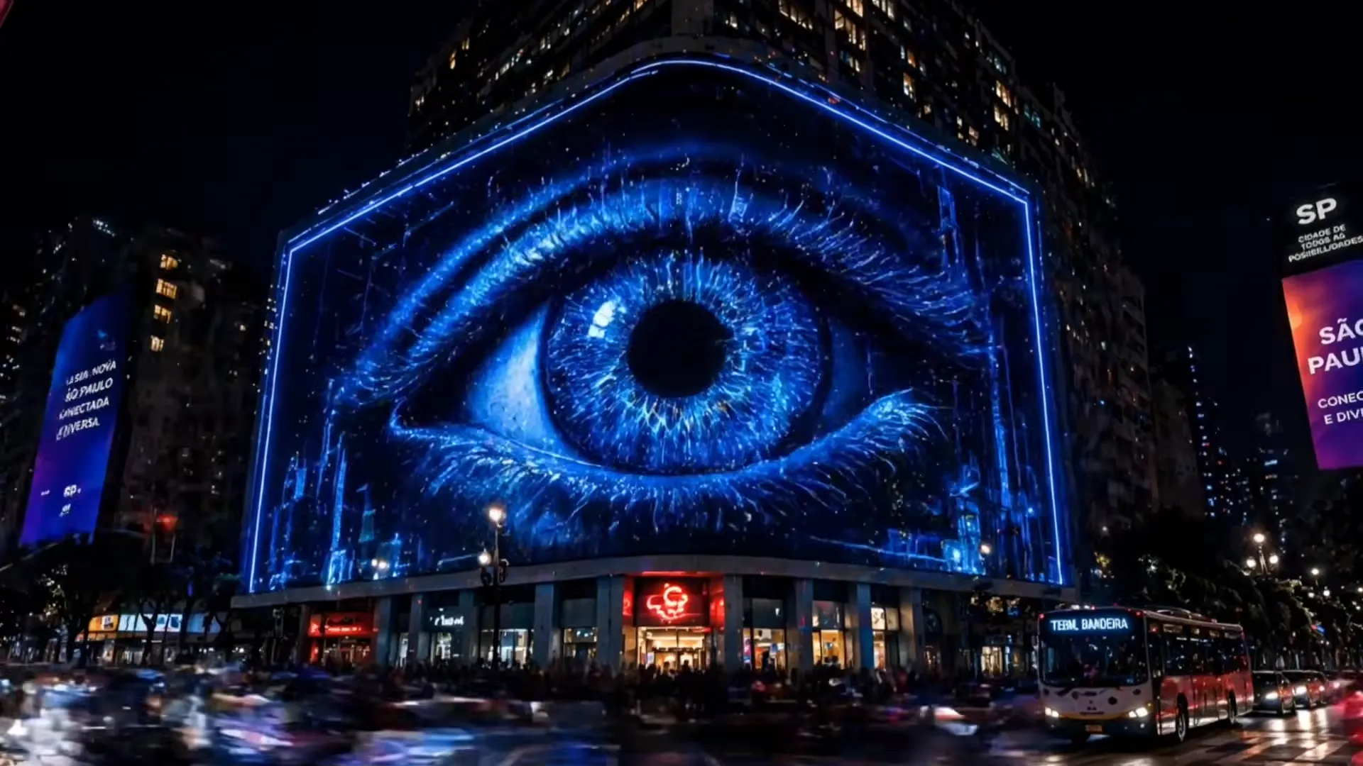 Olho digital azul em prédio à noite