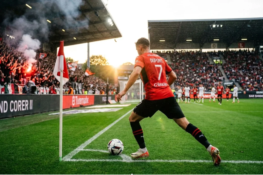Jogador cobrando escanteio em estádio lotado