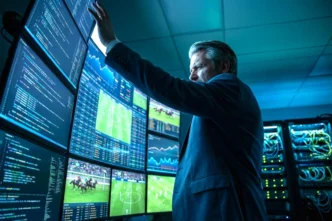 Homem analisando múltiplas telas com dados esportivos