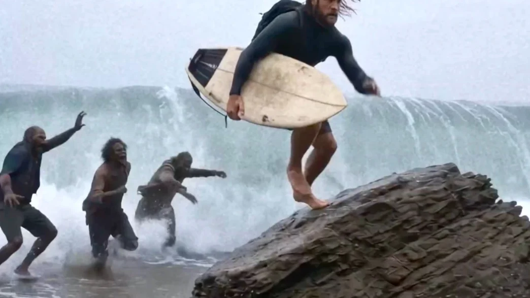 Homem com prancha fugindo de criaturas na praia