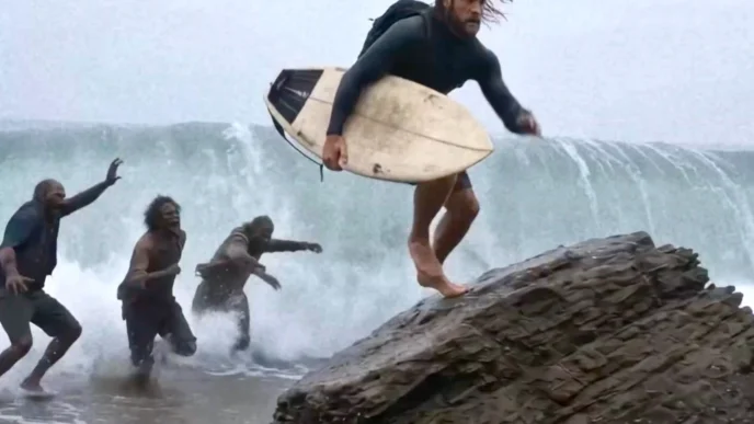 Homem com prancha fugindo de criaturas na praia