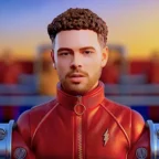 Homem em traje vermelho futurista ao pôr do sol