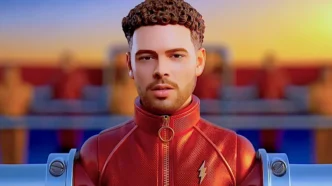 Homem em traje vermelho futurista ao pôr do sol