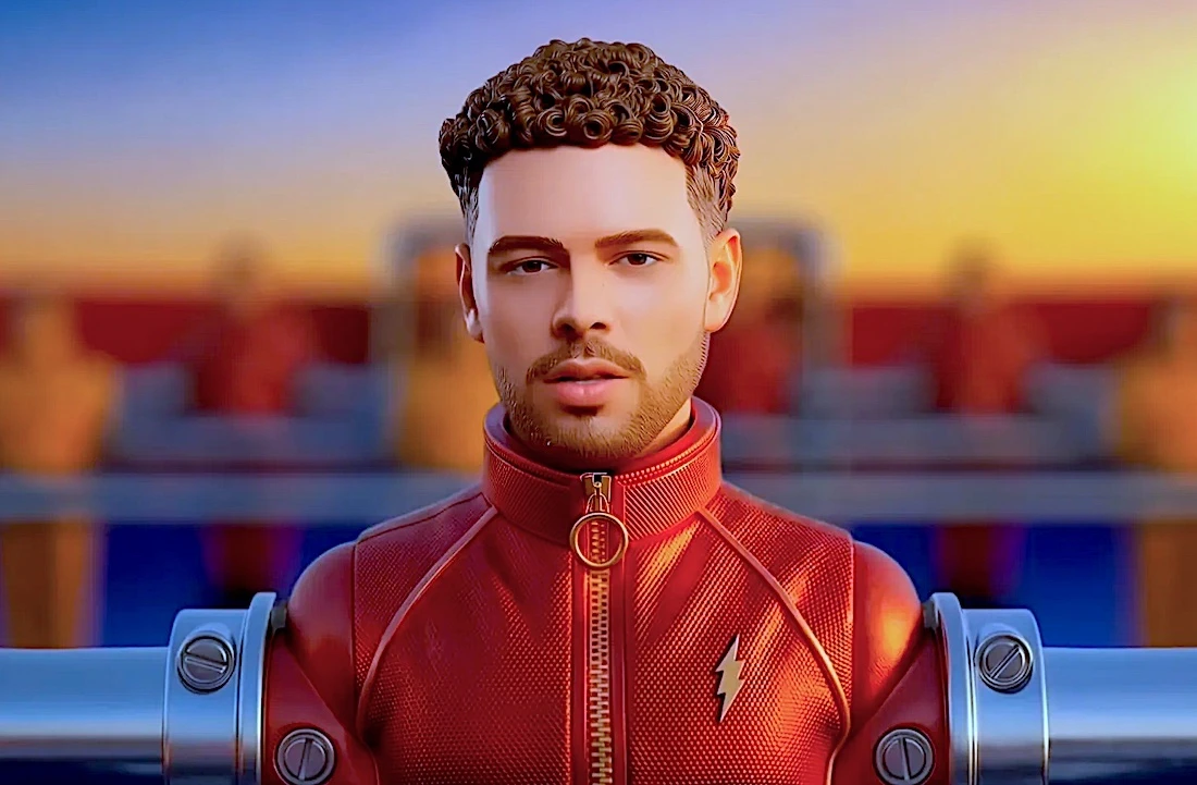 Homem em traje vermelho futurista ao pôr do sol