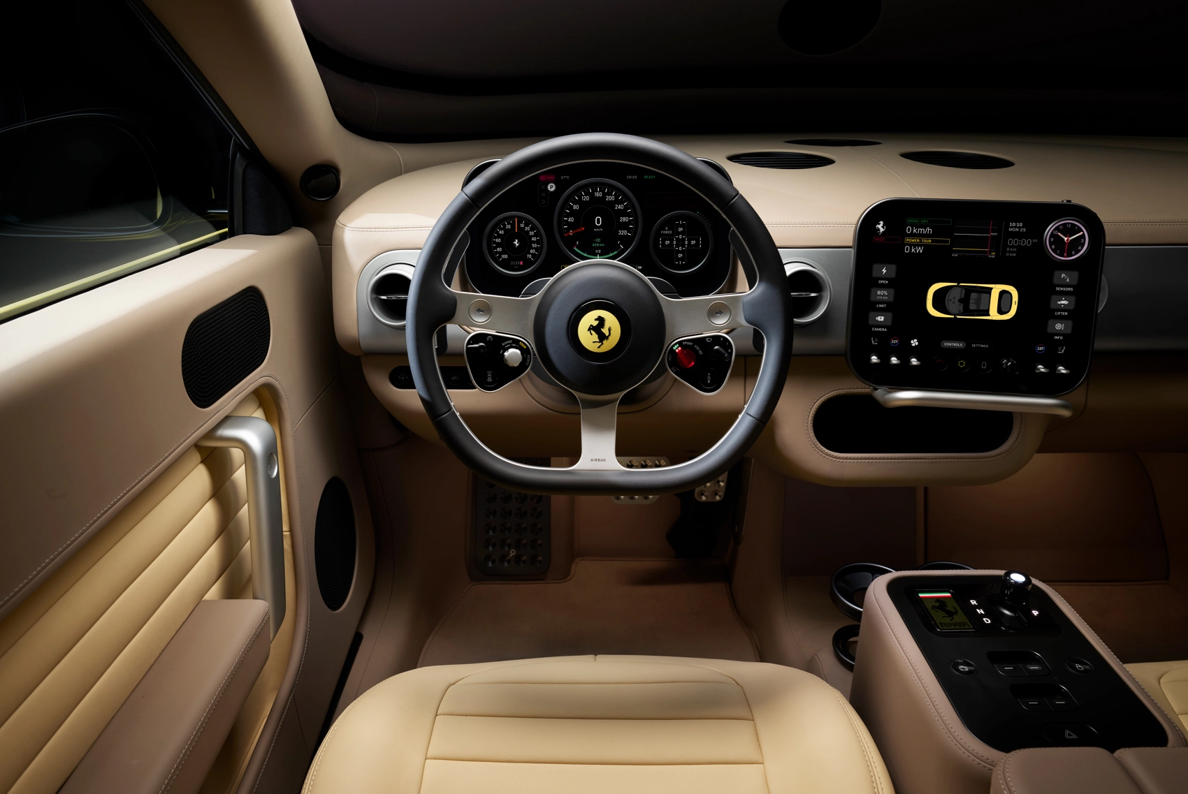 Interior luxuoso de Ferrari com painel digital
