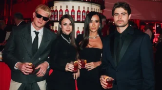 Quatro pessoas elegantes em evento com coquetéis