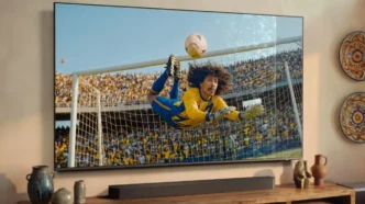 TV exibindo goleiro defendendo bola no estádio