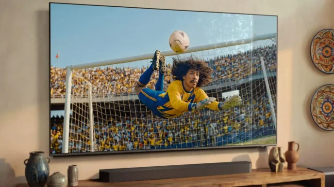 TV exibindo goleiro defendendo bola no estádio