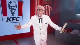 Homem vestido de Coronel Sanders em estúdio KFC