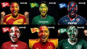 Torcedores com pinturas faciais de marcas famosas