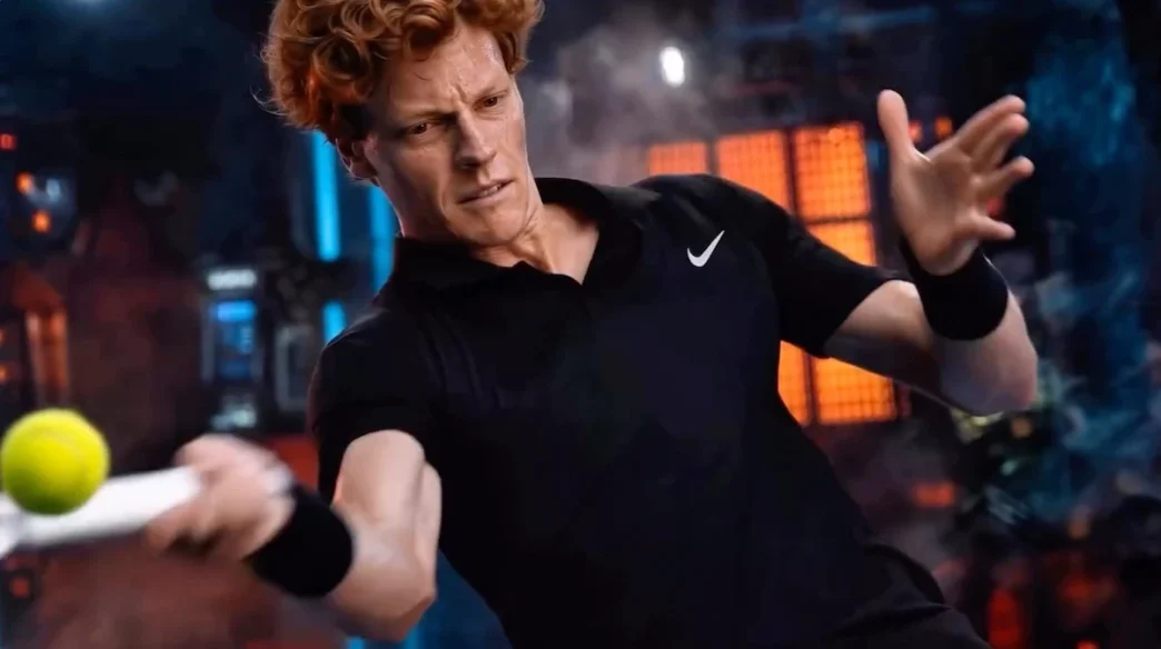Jogador de tênis rebatendo bola em quadra indoor