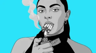 Ilustração de mulher acendendo vários cigarros