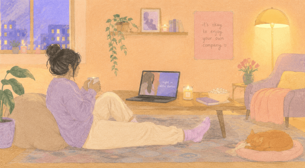 Mulher tomando chá e assistindo notebook à noite