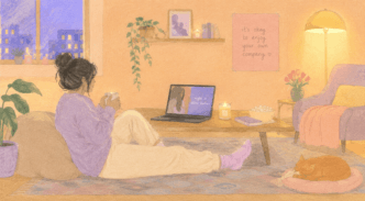 Mulher tomando chá e assistindo notebook à noite