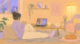 Mulher tomando chá e assistindo notebook à noite