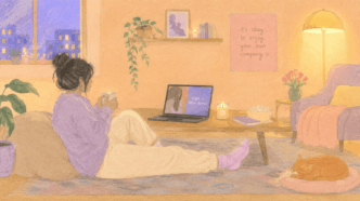 Mulher tomando chá e assistindo notebook à noite
