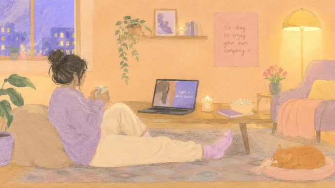 Mulher tomando chá e assistindo notebook à noite