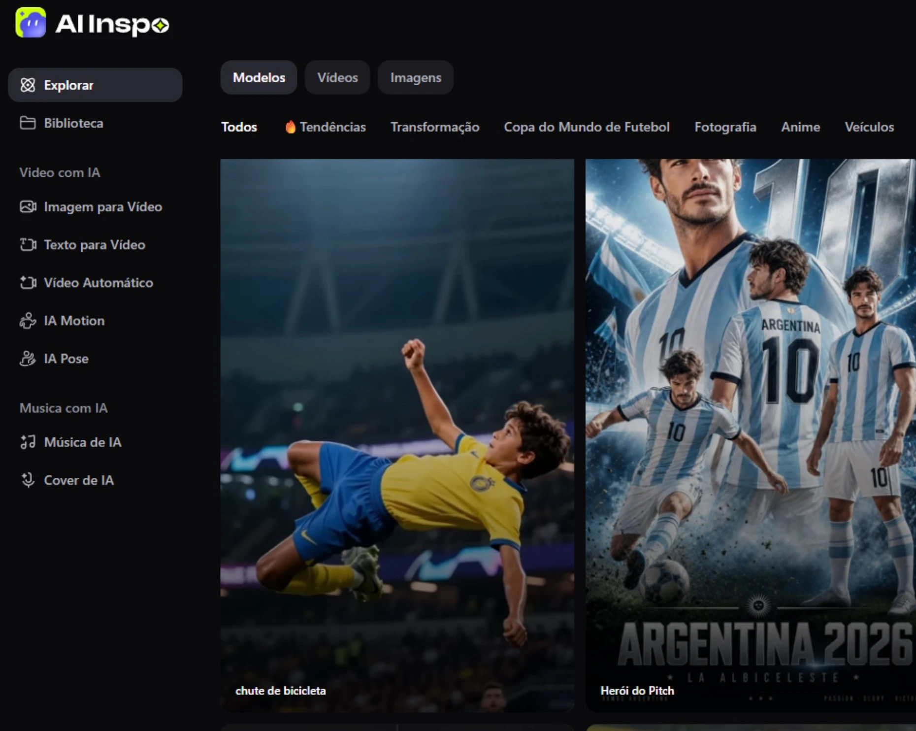 Interface com imagens de futebol e pôster Argentina 2026