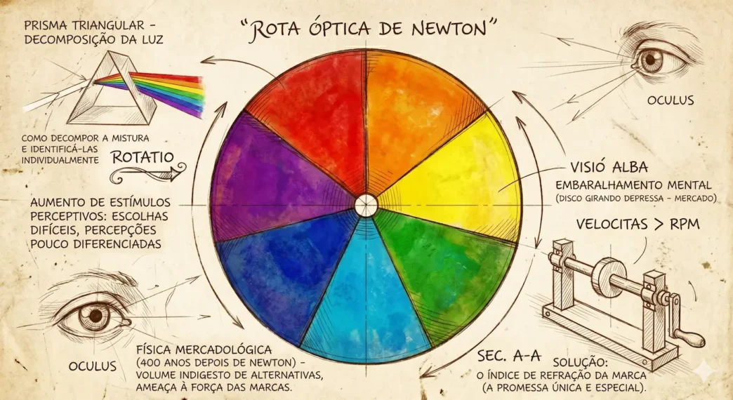 Diagrama da rota óptica de Newton com círculo cromático