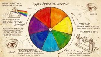 Diagrama da rota óptica de Newton com círculo cromático