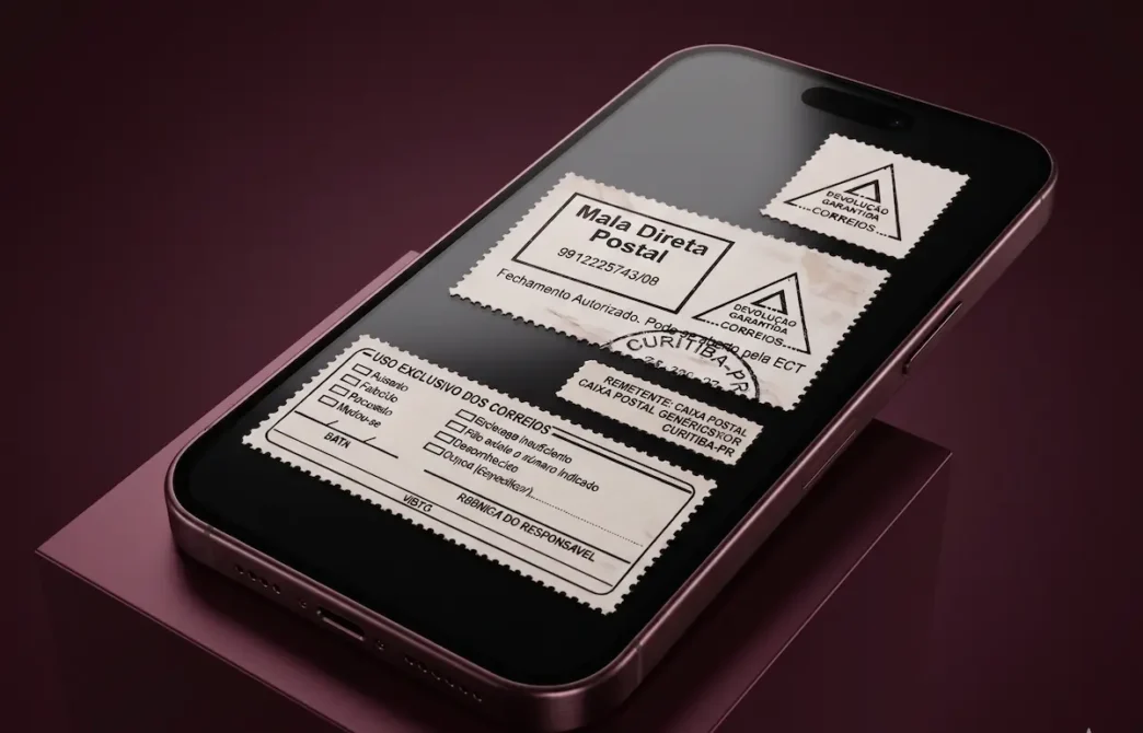Smartphone exibindo etiquetas de mala direta postal