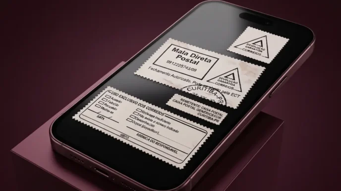 Smartphone exibindo etiquetas de mala direta postal