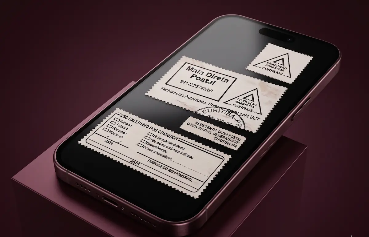 Smartphone exibindo etiquetas de mala direta postal