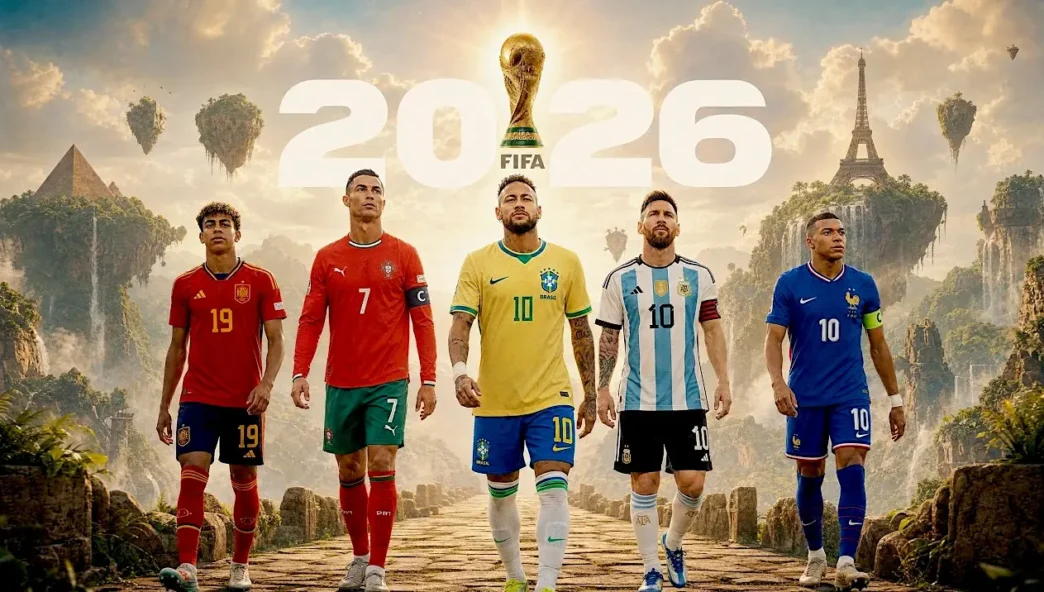 Jogadores de futebol e troféu FIFA 2026