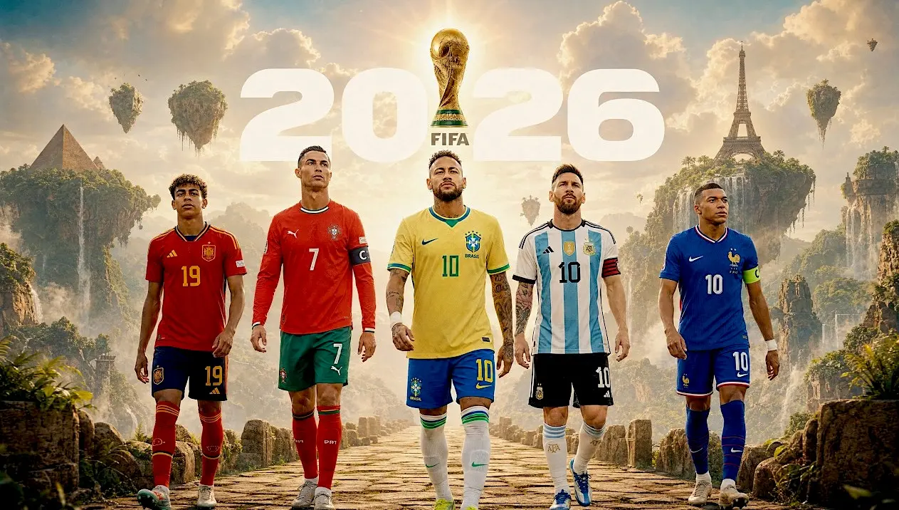 Jogadores de futebol e troféu FIFA 2026