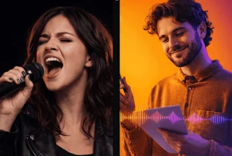 Cantora cantando e homem escrevendo com onda sonora