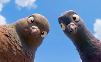Dois pombos animados olhando para baixo