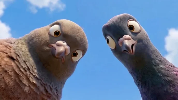 Dois pombos animados olhando para baixo